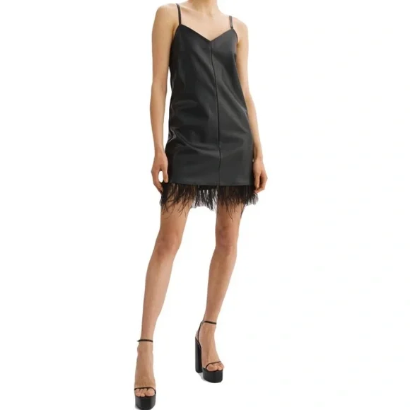 NWT [Lamarque] Mollie Feather Trim Faux Leather V-Neck Slip Dress Women’s Sz L - Picture 2 of 8